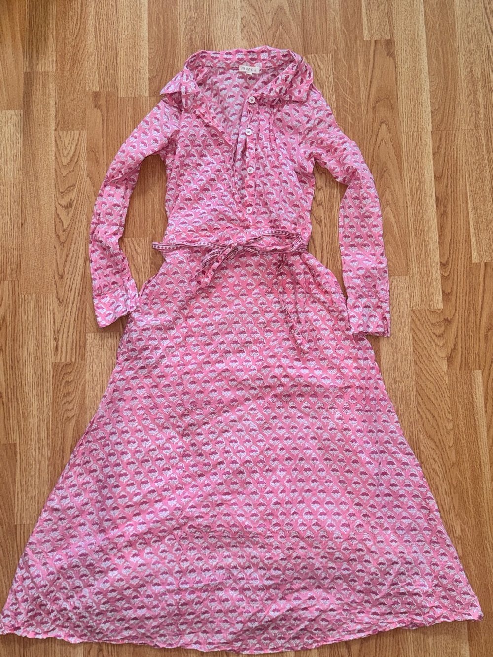 Marea Women's Pink Long-Sleeve Midi Shirt Dress with Belt- xs- EUC